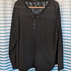 CHAPS Long Sleeve Henley Shirt with Lace Shoulder Detail